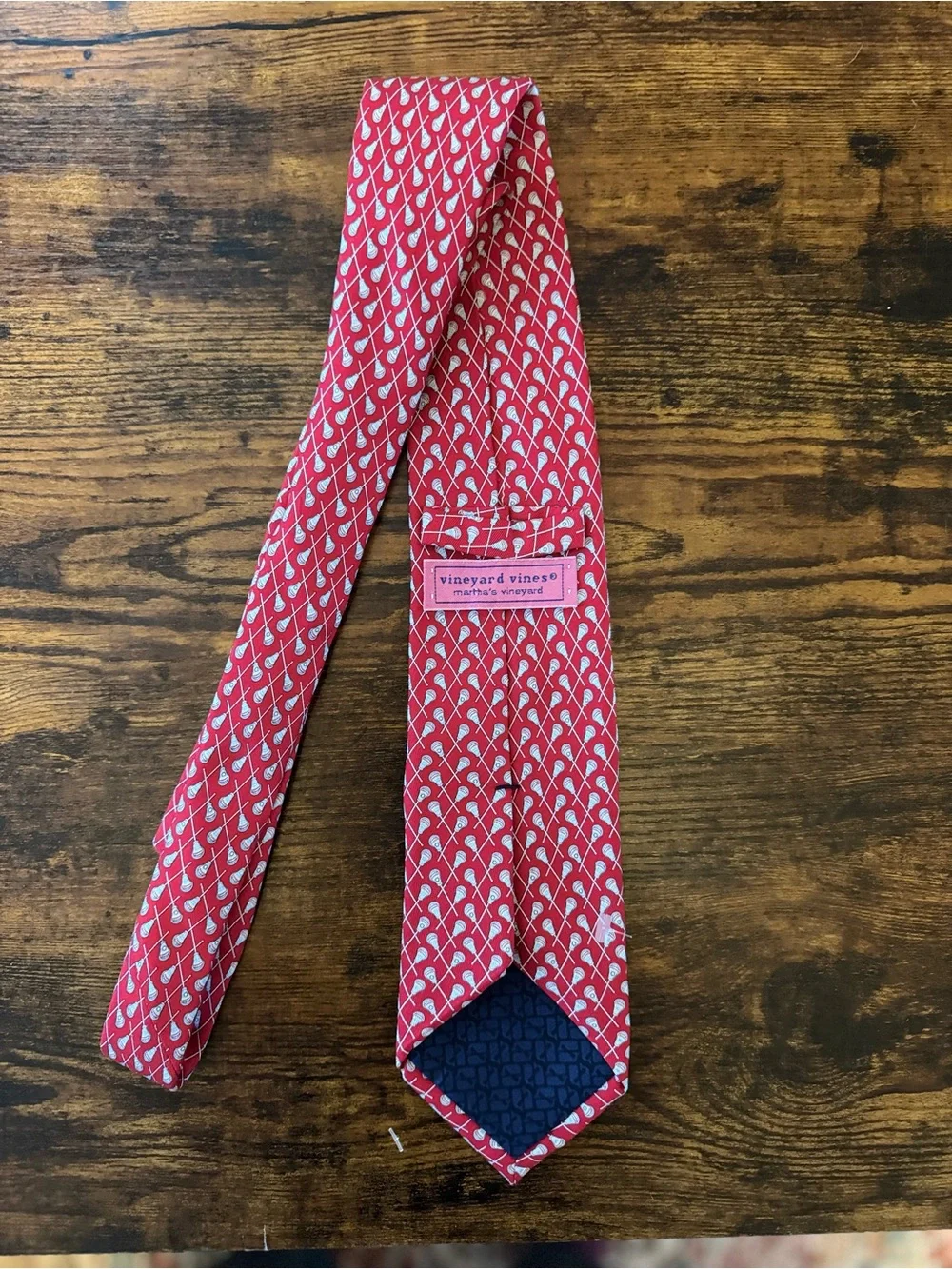 Vineyard Vines red, silk Tie with Lacrosse Motif